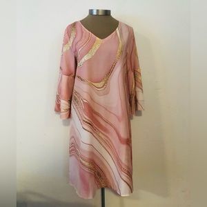 FINAL! NWT! MUTED PINK SWIRL LONG BELLE SLEEVE SHEATH DRESS